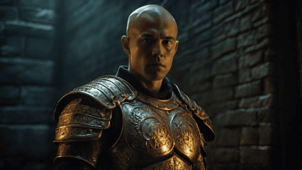 A warrior in bronze and silver armor stands before a massive fortress with golden towers, representing the adrenal glands, as dark clouds gather in the distance.
