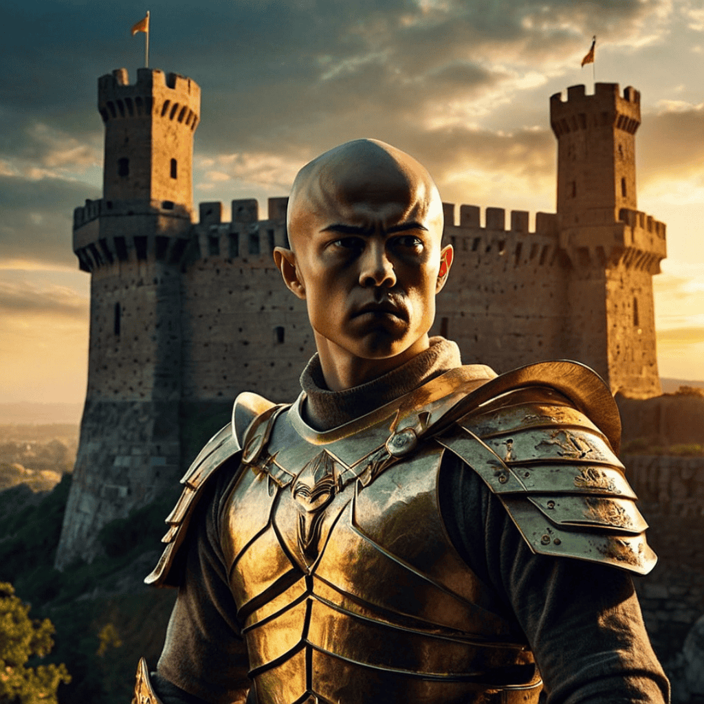 A warrior kneels inside a fortress bathed in golden light as the adrenal towers shine brightly, symbolizing successful adrenal gland cancer treatment and recovery.