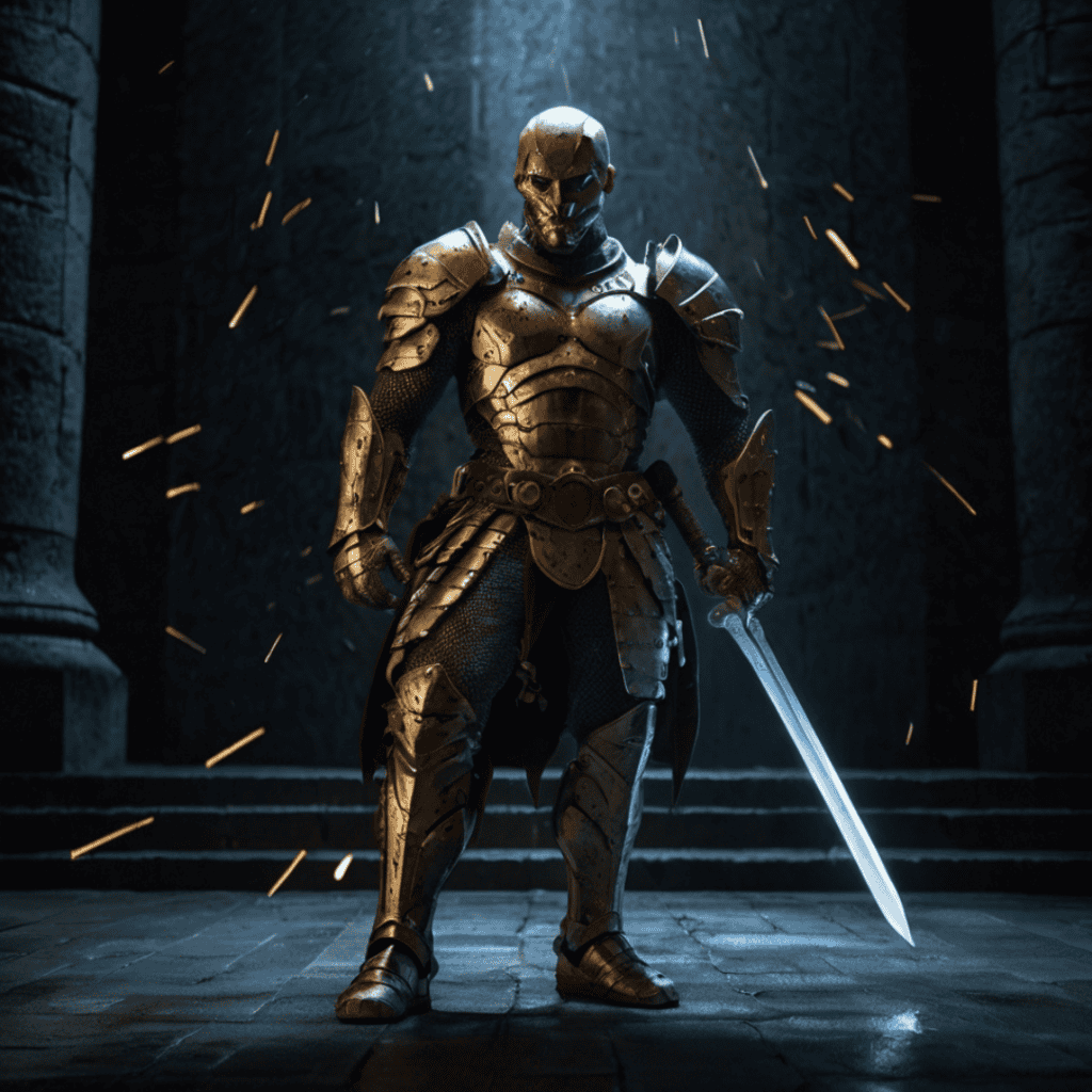 A warrior battles dark shadowy creatures inside a fortress, their glowing sword clashing against the forces of adrenal gland cancer, as the adrenal towers flicker.