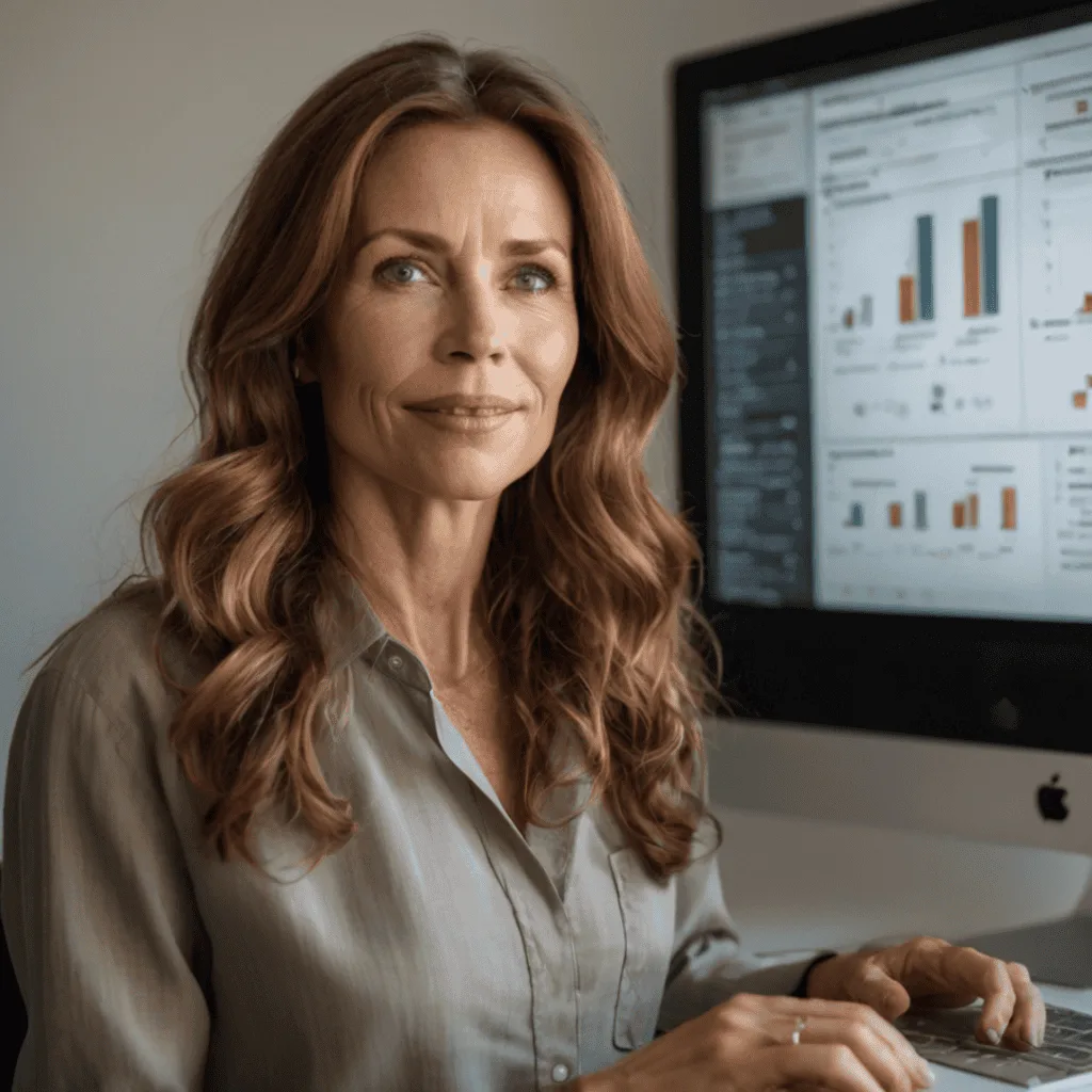 A confident woman in her early 40s sits with her doctor in a modern consultation room, looking at a digital screen displaying personalized health recommendations based on her cancer blood test results.