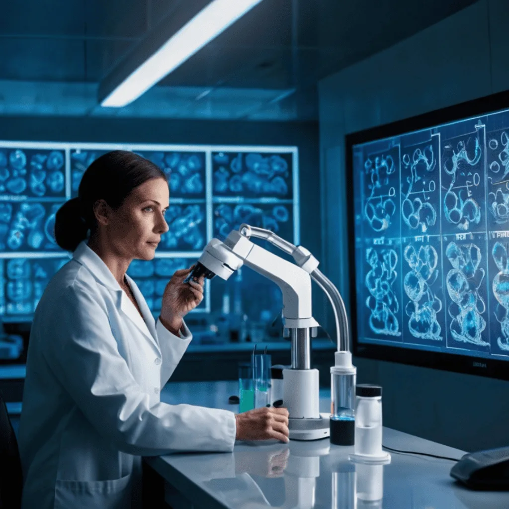 A woman in her early 40s with long wavy chestnut hair sits across from a doctor in a well-lit medical office, reviewing her cancer blood test results displayed on a digital screen.