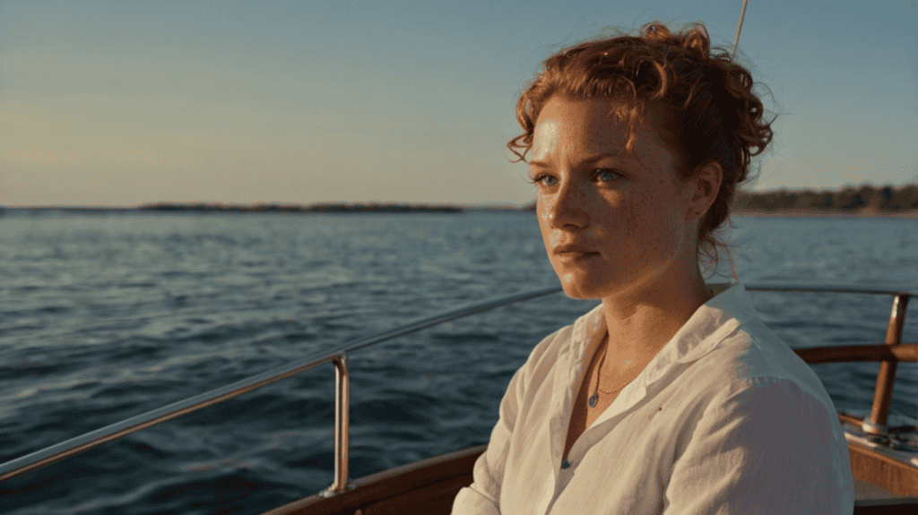 A young female sailor with curly red hair stands at the helm of a sailboat under a golden sunset, unaware of the dark storm forming on the horizon, symbolizing the hidden onset of cancer of the bile duct.