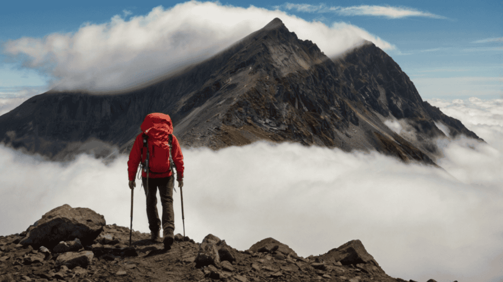 A determined adventurer stands at the base of a towering misty mountain, symbolizing the uncertainty of a cancer of the kidney diagnosis.