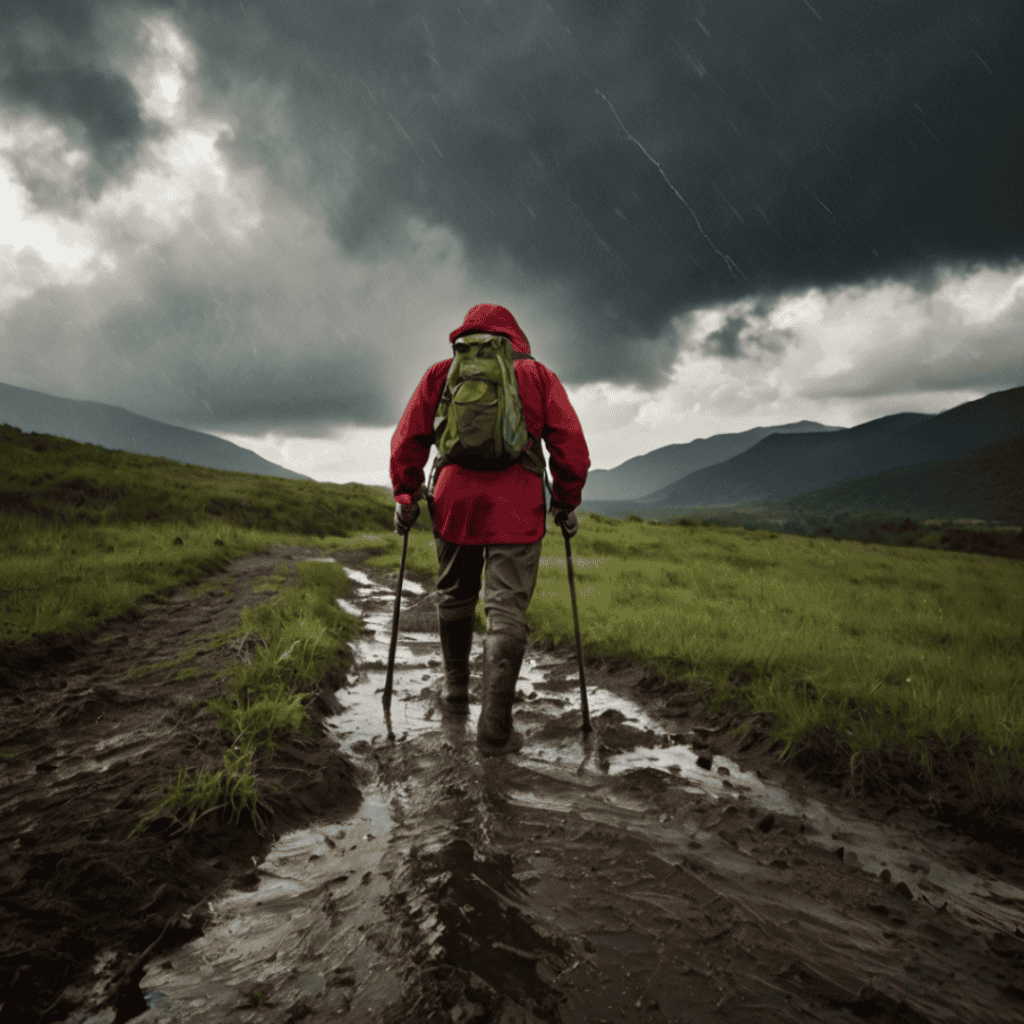 A focused adventurer treks up a rocky mountain path, stopping at a signpost listing medical tests like CT scans and bloodwork, symbolizing kidney cancer diagnosis.