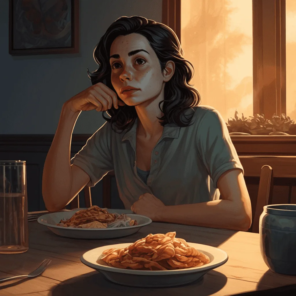 A woman sitting at a dining table, pushing away her plate with a discomforted expression.