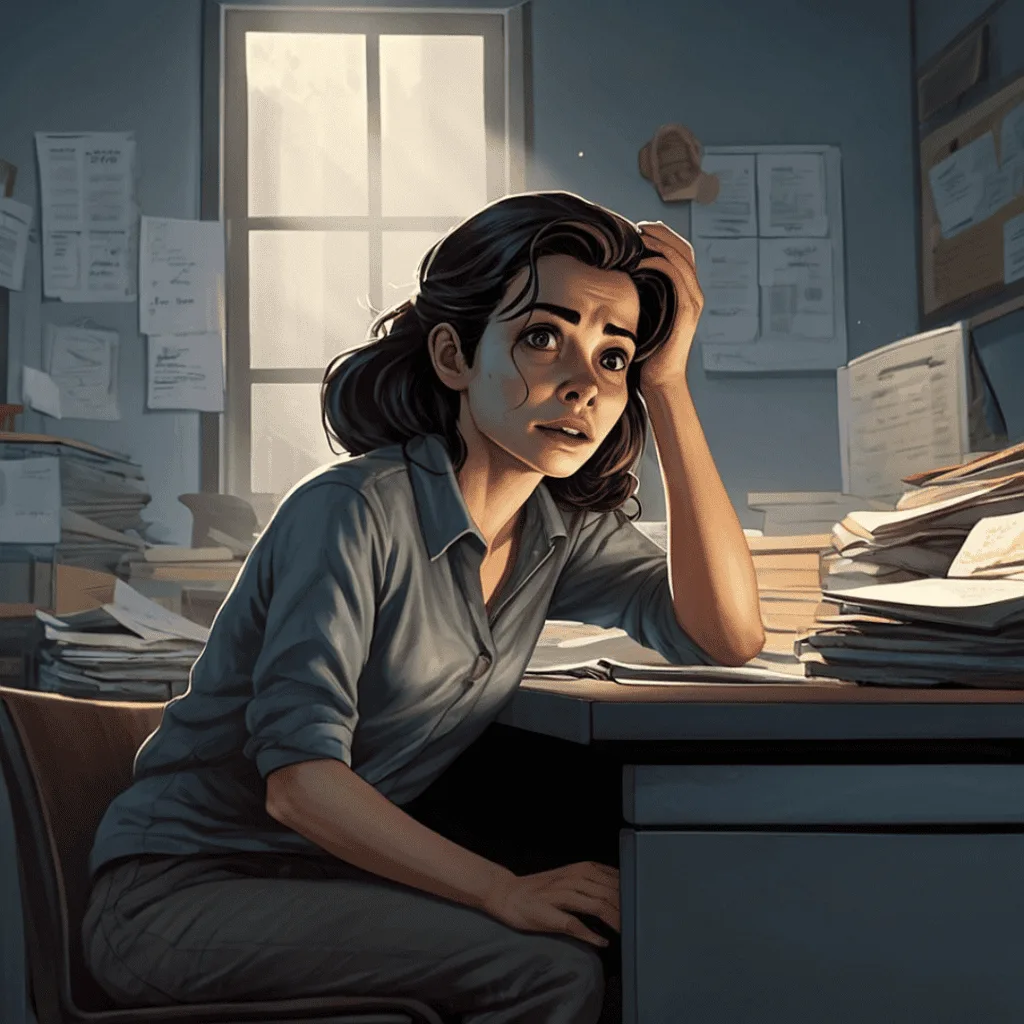 A fatigued woman struggling to stay awake at her work desk, surrounded by a fast-moving world.