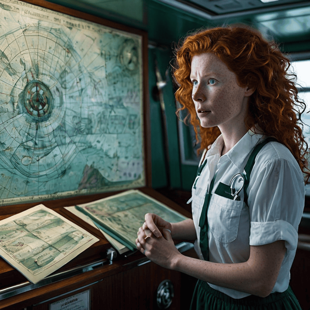 A young female sailor grips the ship’s wheel as the sky turns a sickly yellow and waves rise, symbolizing the early symptoms of cancer of the bile duct, including jaundice and digestive issues.