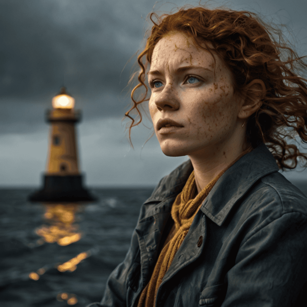 A determined female sailor, drenched from the storm, clutches a tattered map while struggling to navigate rough waters. Floating medical scans and diagnostic charts appear in the mist, symbolizing the complex process of diagnosing cancer of the bile duct.