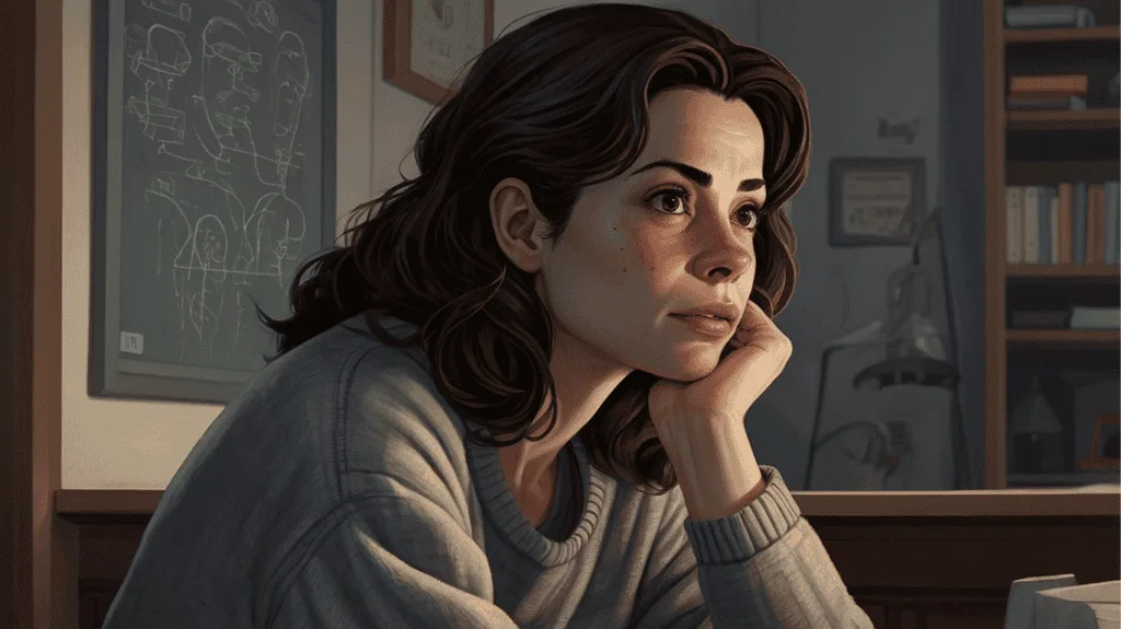 A concerned woman looking at her reflection in the mirror, analyzing subtle health changes—potential early signs of cancer.