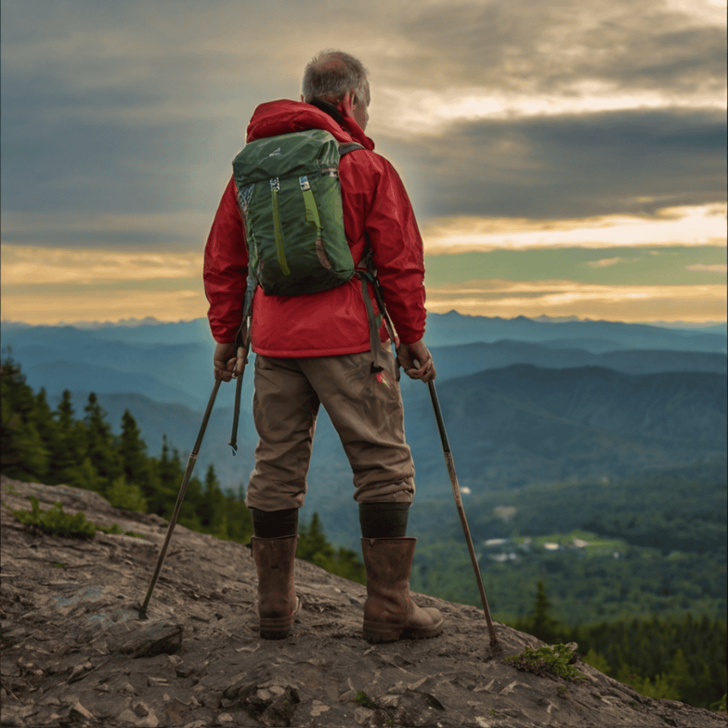 A victorious adventurer stands at the peak of a mountain at sunrise, a flag labeled “Survivor” planted beside them, symbolizing triumph over kidney cancer.