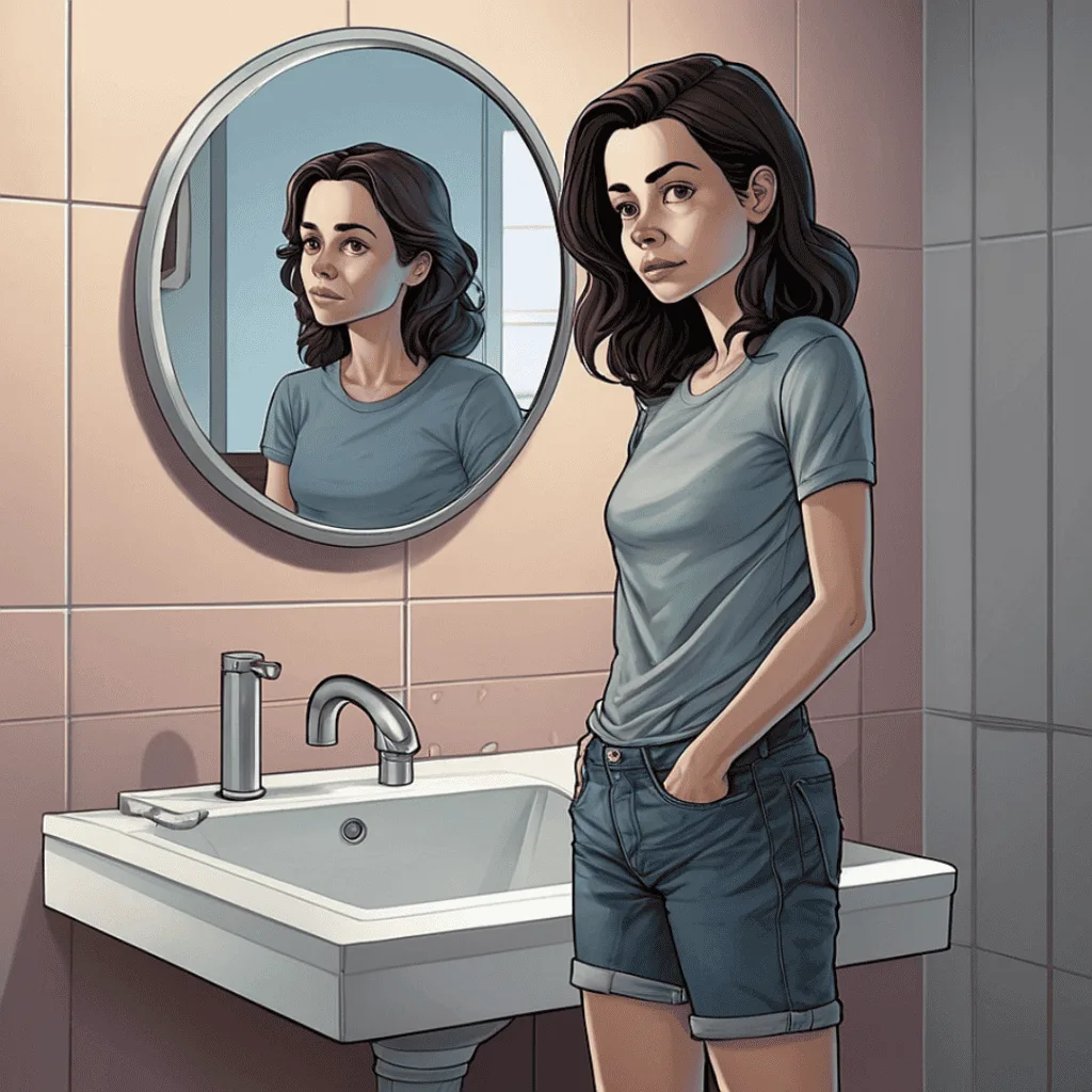 A woman examines her loose jeans, puzzled by sudden weight loss with no lifestyle changes.