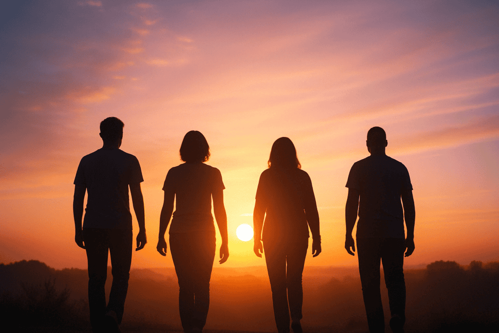Silhouetted individuals walking toward the sunrise, symbolizing unity, strength, and hope in the Cancer Health Network