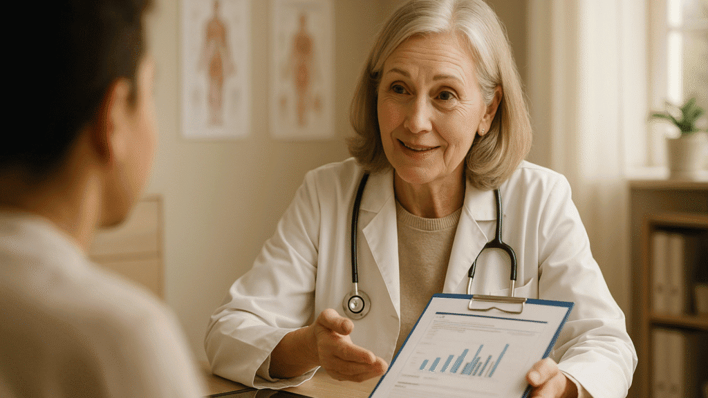 Female oncologist explaining cancer test results to patient in warm professional office
