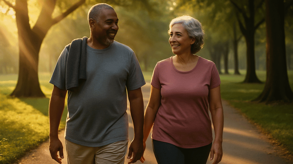 Couple walking together in beautiful tree-lined park for cancer prevention