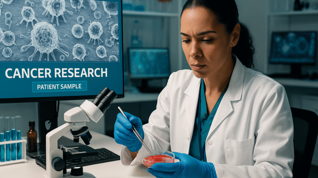 Female scientist examining cancer samples in modern research laboratory