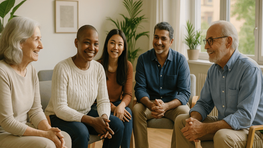 Diverse cancer support group engaged in compassionate conversation