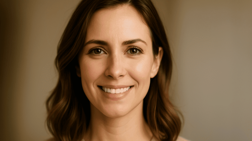 Attractive woman smiling confidently with a trustworthy expression